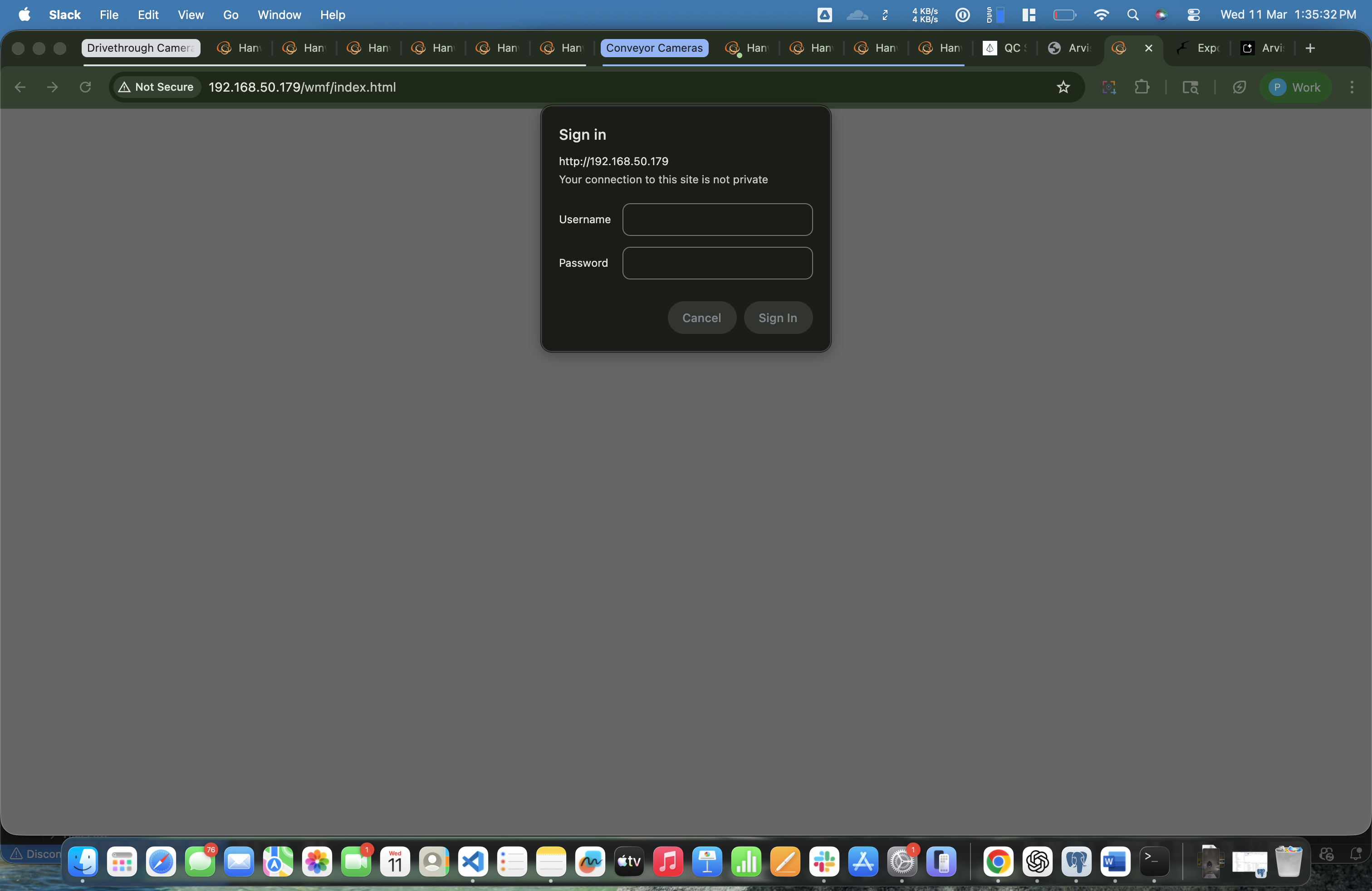 Hanwha camera web UI browser login dialog showing Username and Password fields at 192.168.50.179