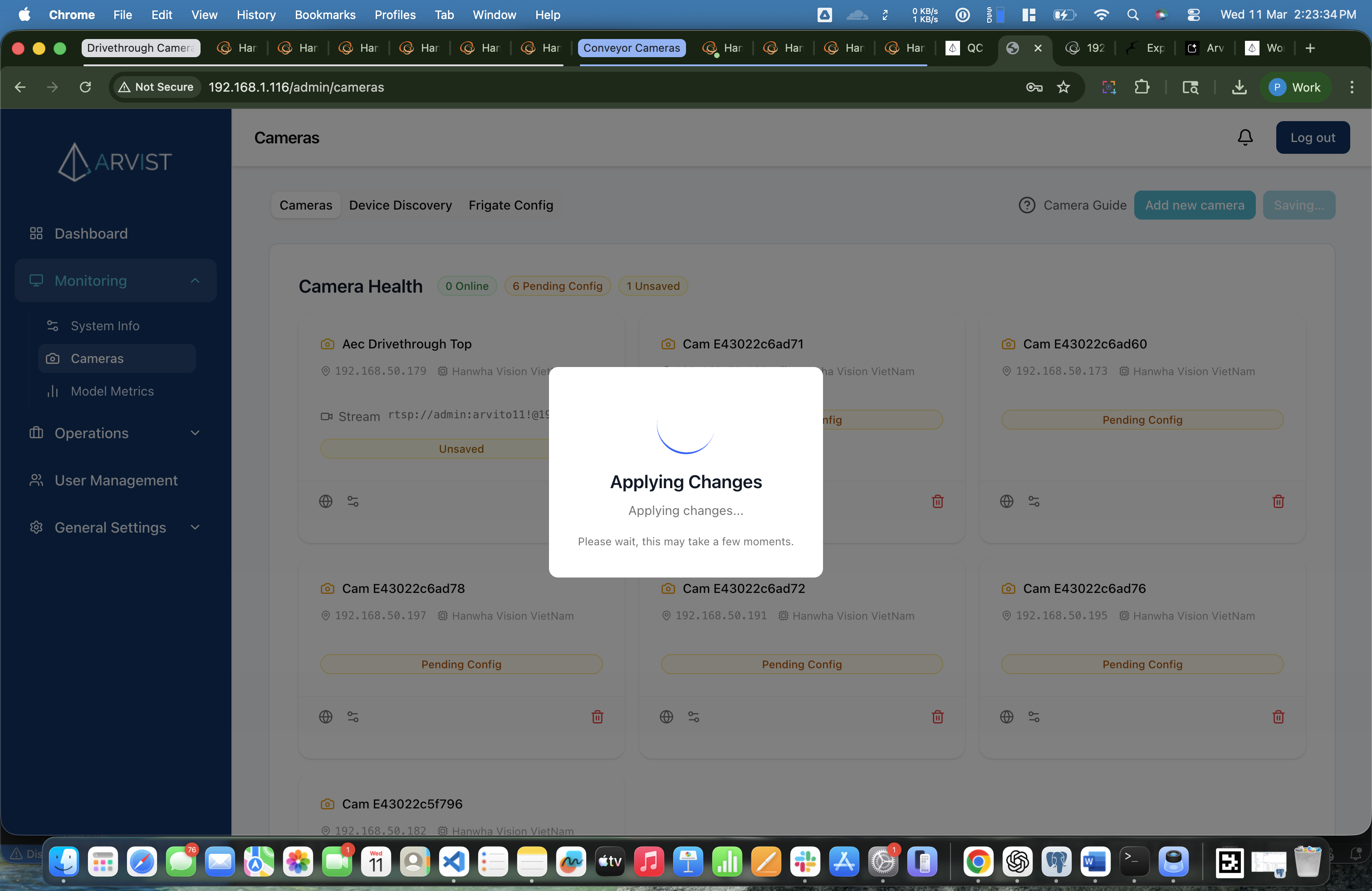 Applying Changes modal overlay with spinner showing "Applying changes... Please wait, this may take a few moments."