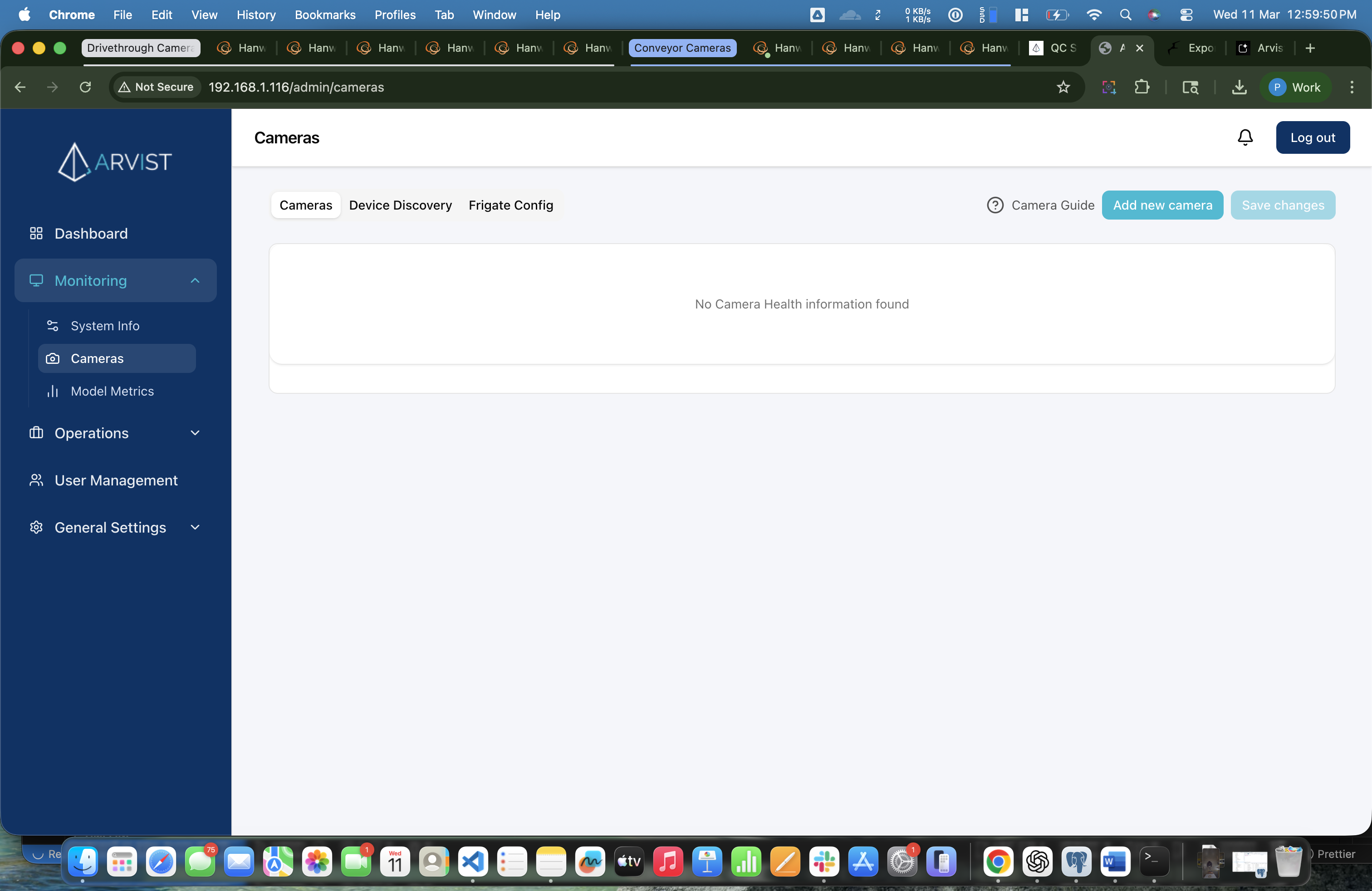Cameras page showing the Cameras, Device Discovery, and Frigate Config tabs with no cameras configured yet