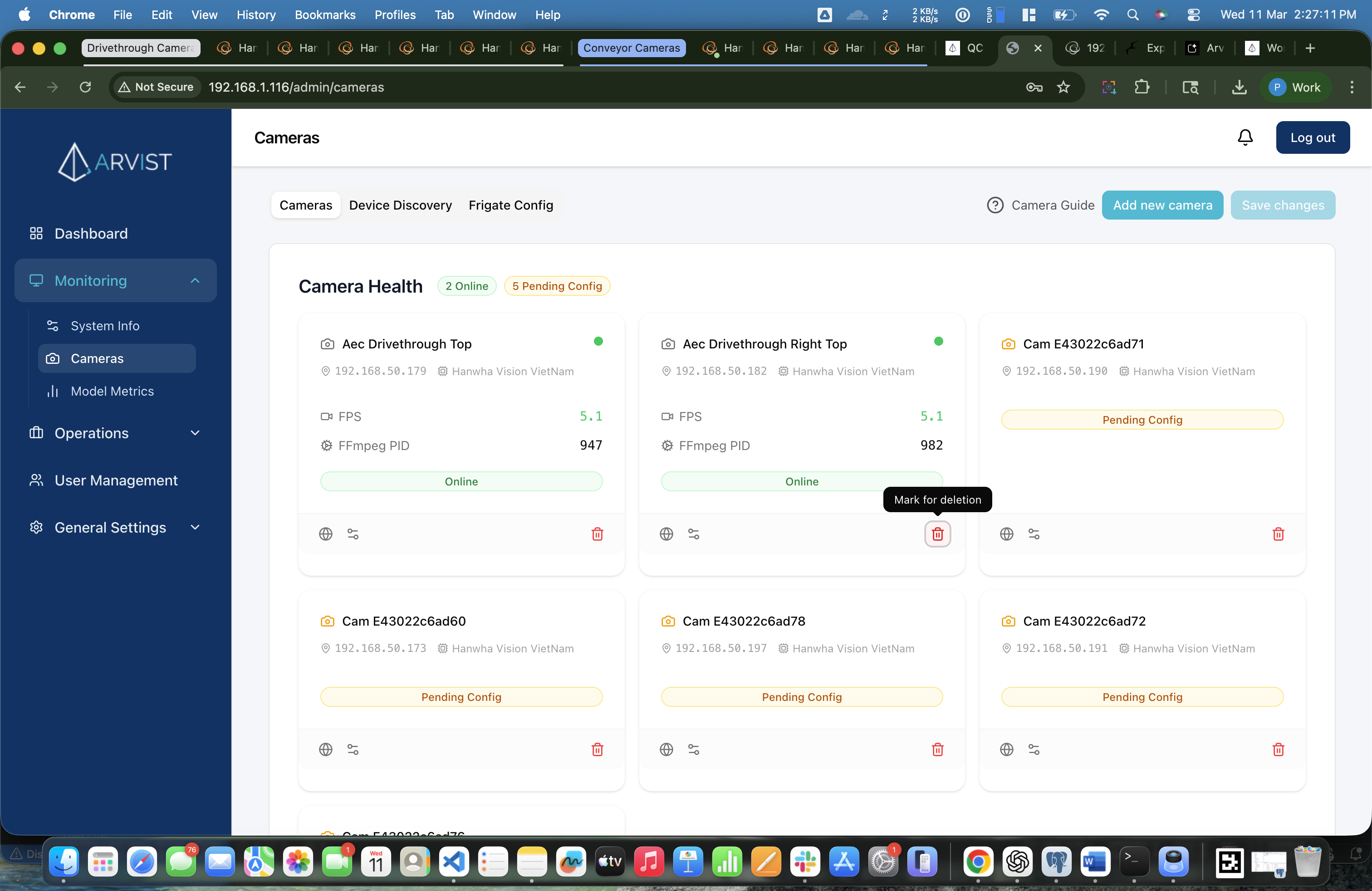Cameras tab showing a camera card with the "Mark for deletion" tooltip visible on the trash icon