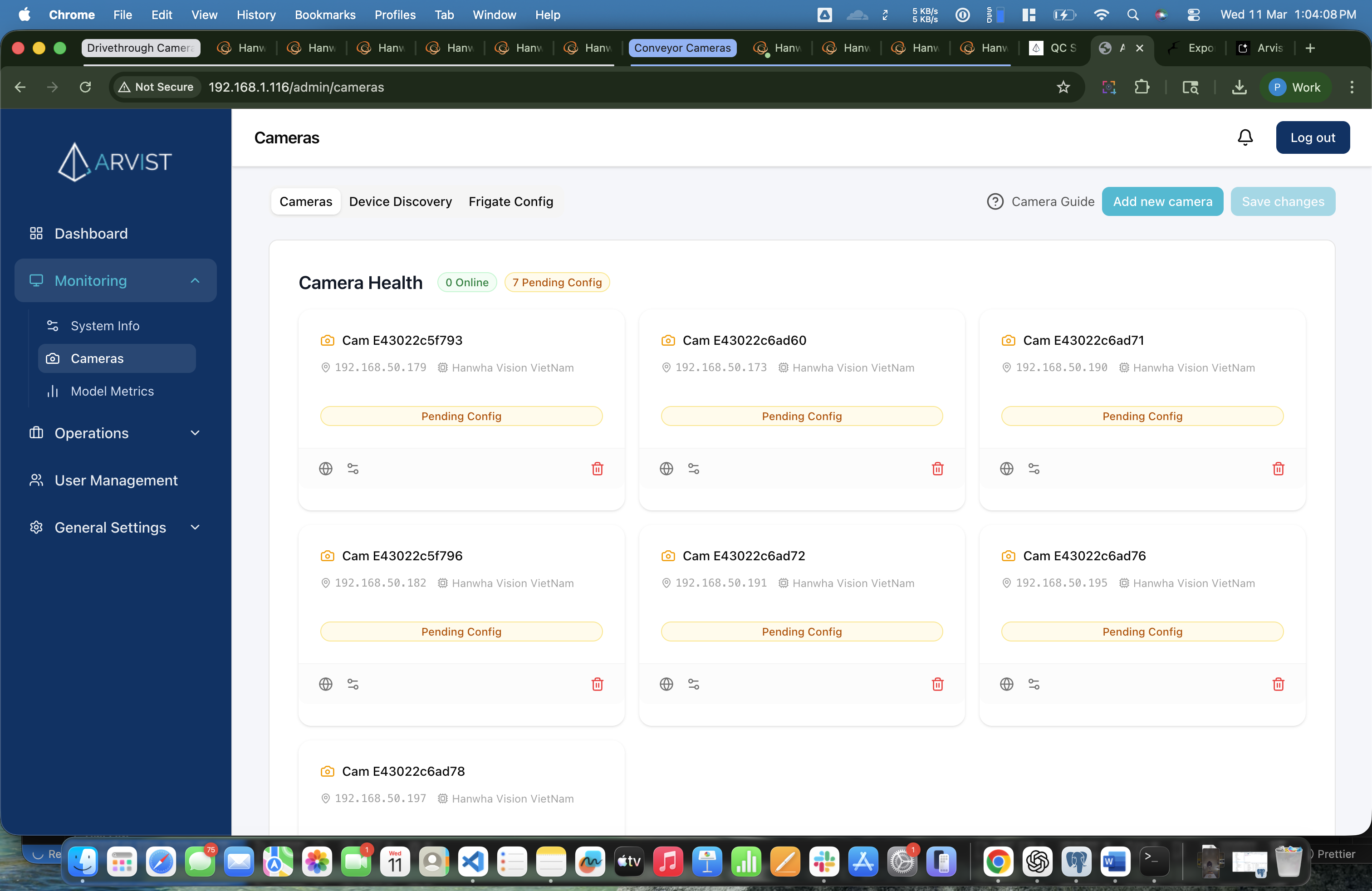Cameras tab showing 7 camera cards with auto-generated names, IP addresses, and "Pending Config" status badges