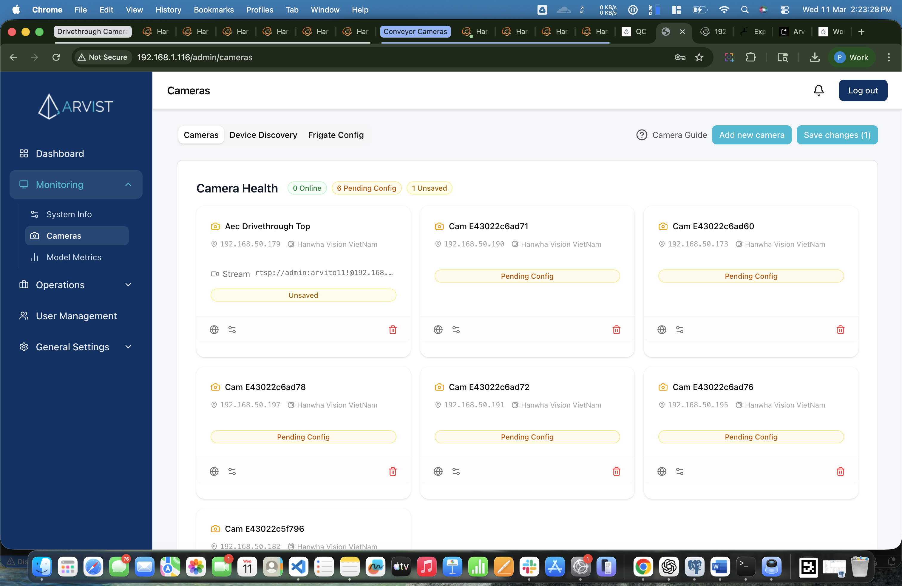 Cameras tab showing a configured camera with "Unsaved" badge and the "Save changes (1)" button active in the top-right corner