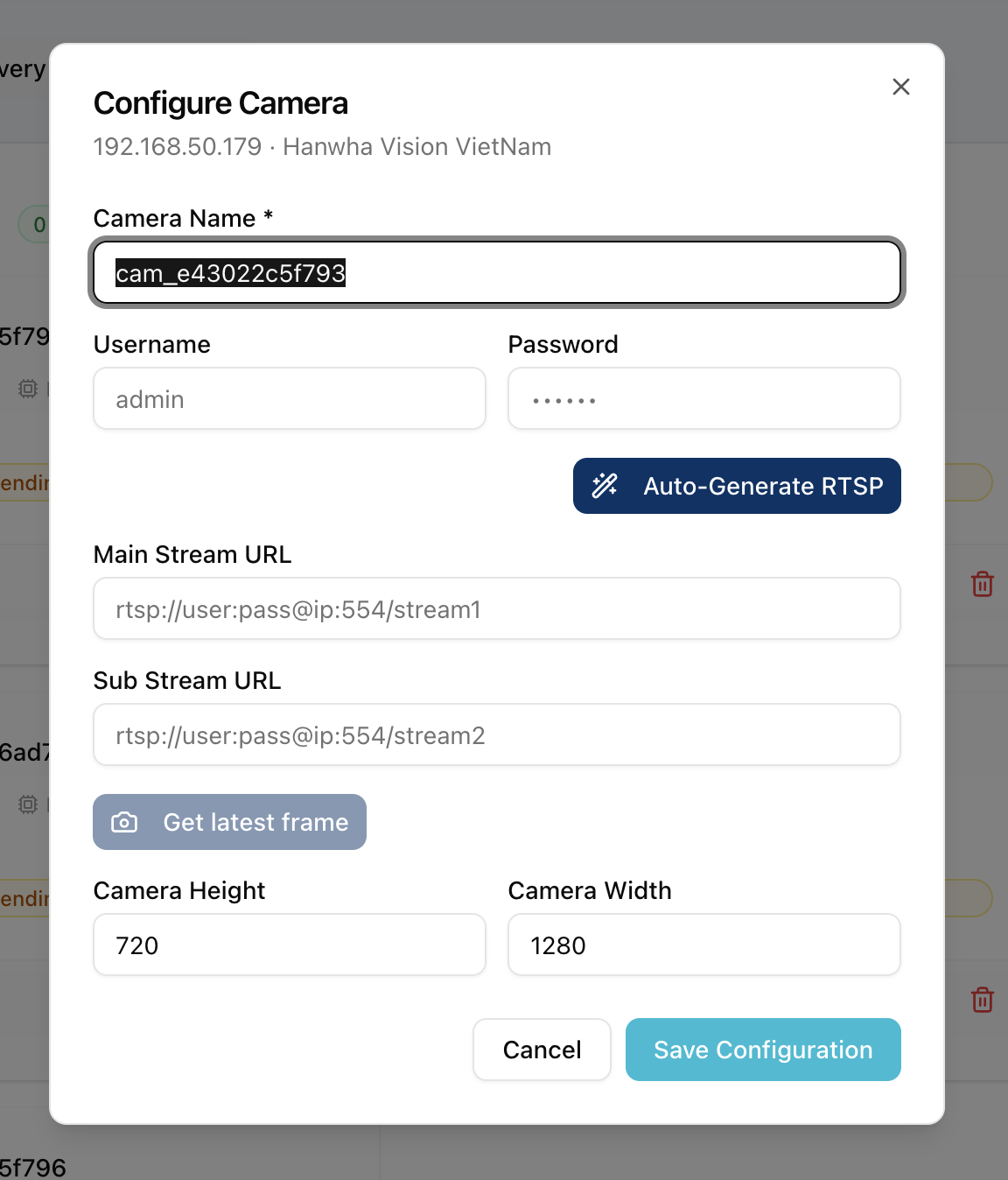 Configure Camera dialog showing Camera Name, Username, Password fields, Auto-Generate RTSP button, and empty Main/Sub Stream URL fields