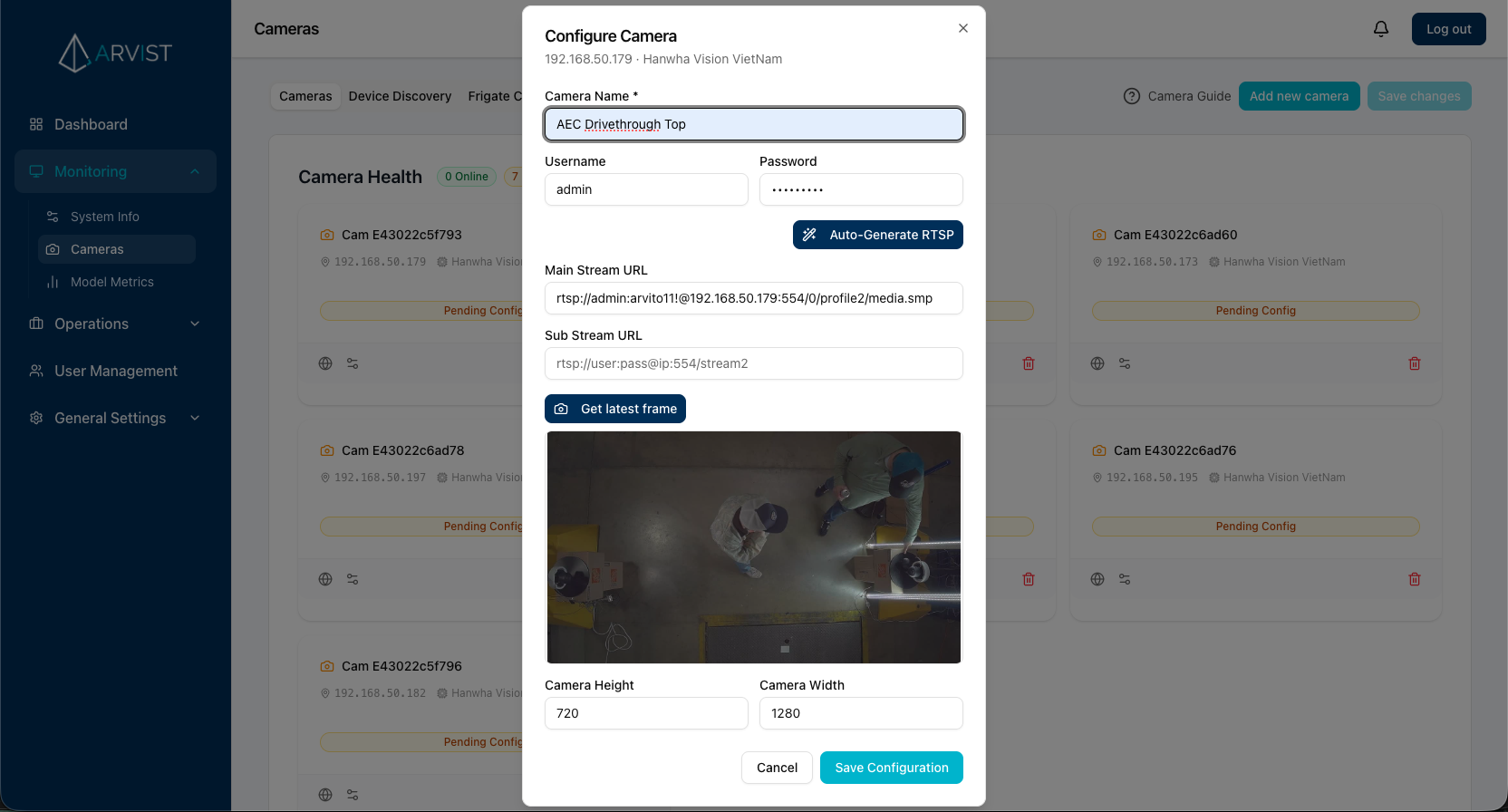 Configure Camera dialog showing a live frame preview of the camera view and the Camera Name field filled with a descriptive name