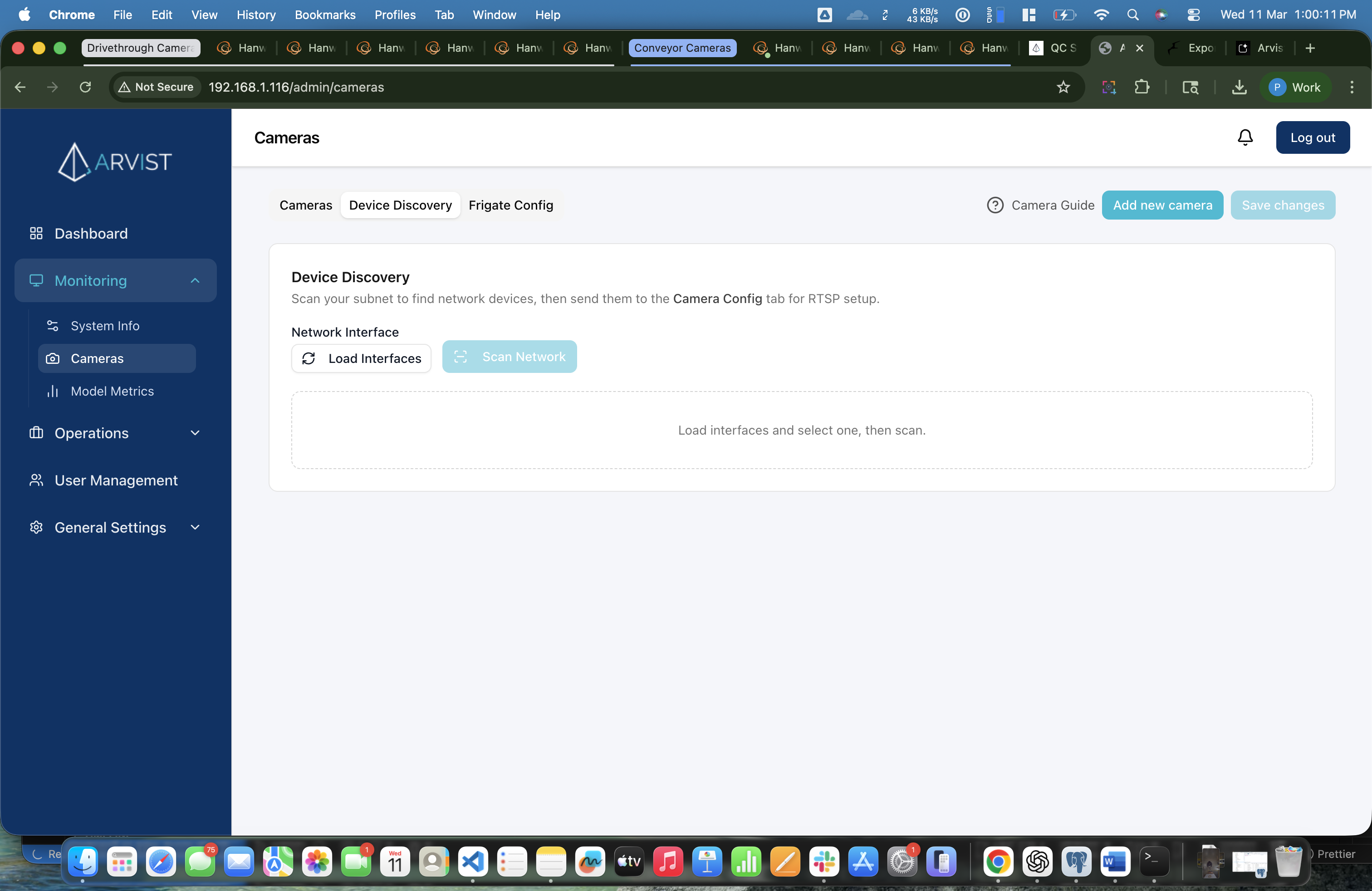 Device Discovery tab showing the Load Interfaces and Scan Network buttons with a prompt to load interfaces first