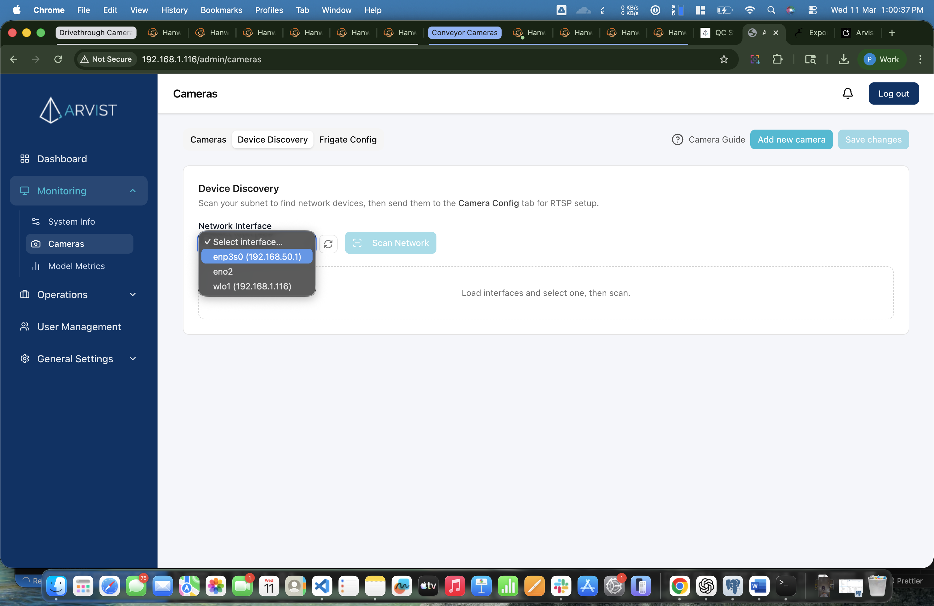 Device Discovery interface dropdown open showing enp3s0 (192.168.50.1), eno2, and wlo1 options