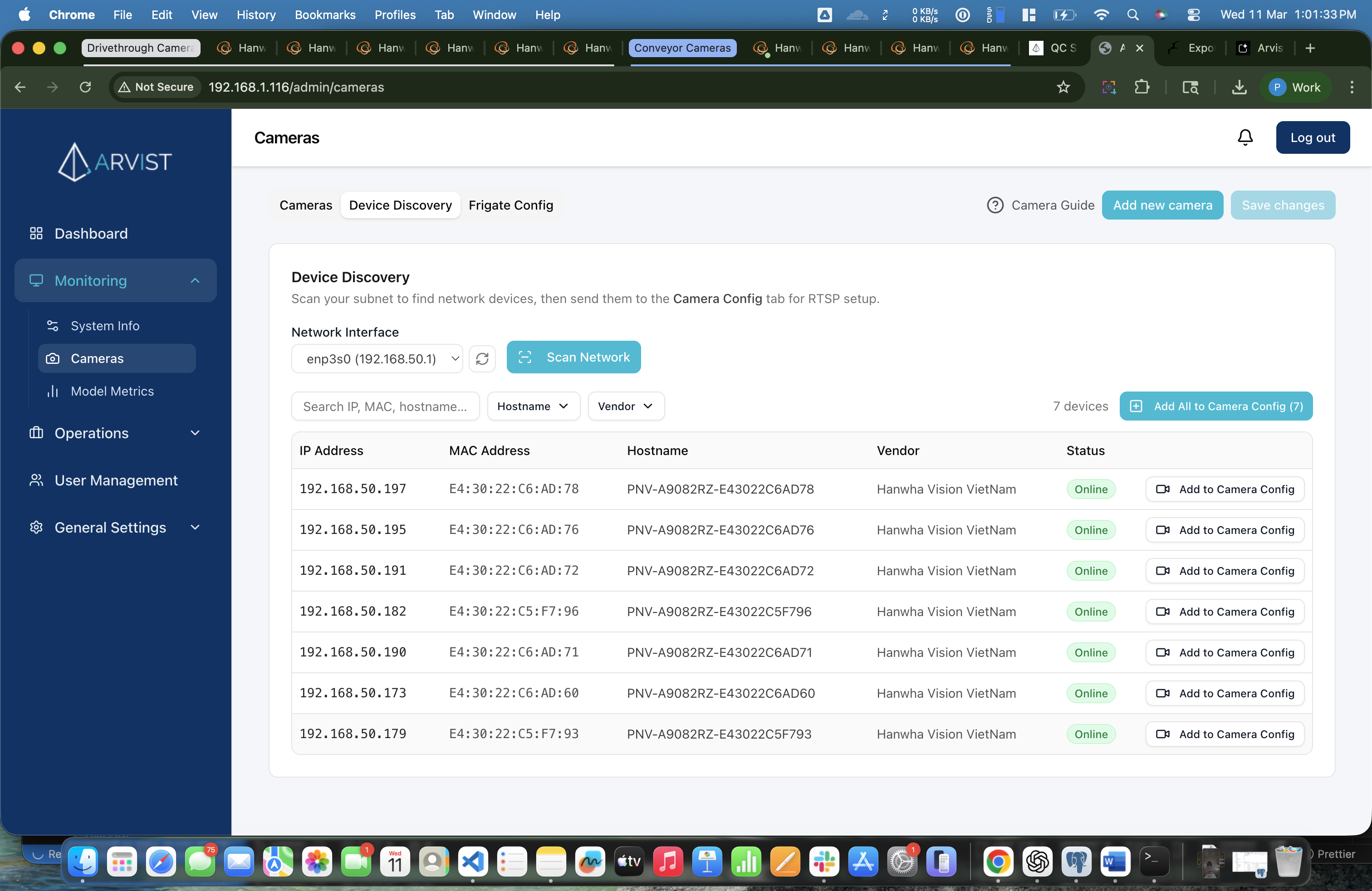 Device Discovery scan results showing 7 Hanwha devices with IP addresses, MAC addresses, hostnames, vendor names, and Add to Camera Config buttons