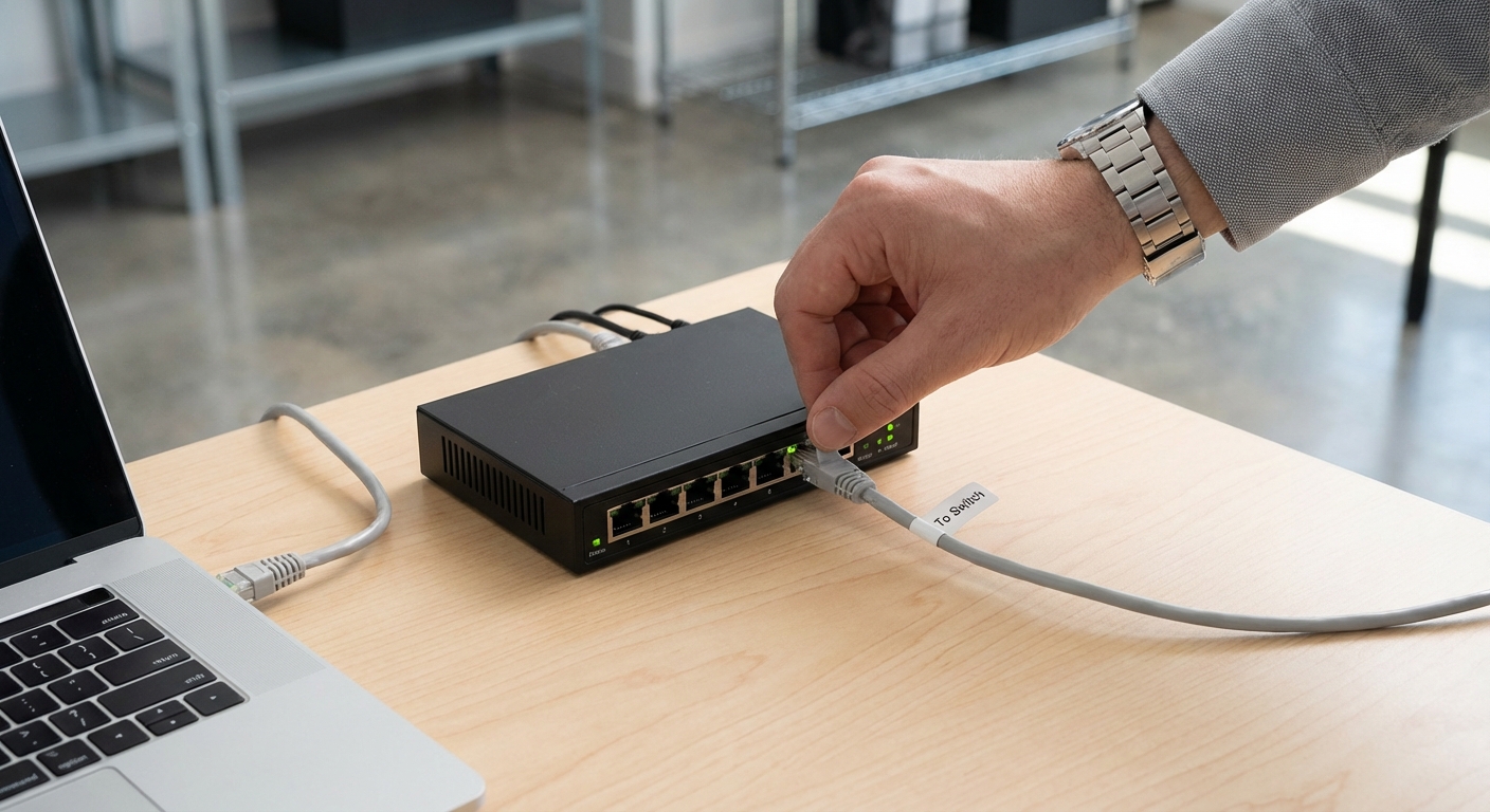 Hand plugging an ethernet cable into a network switch with a laptop connected on the left side of the switch