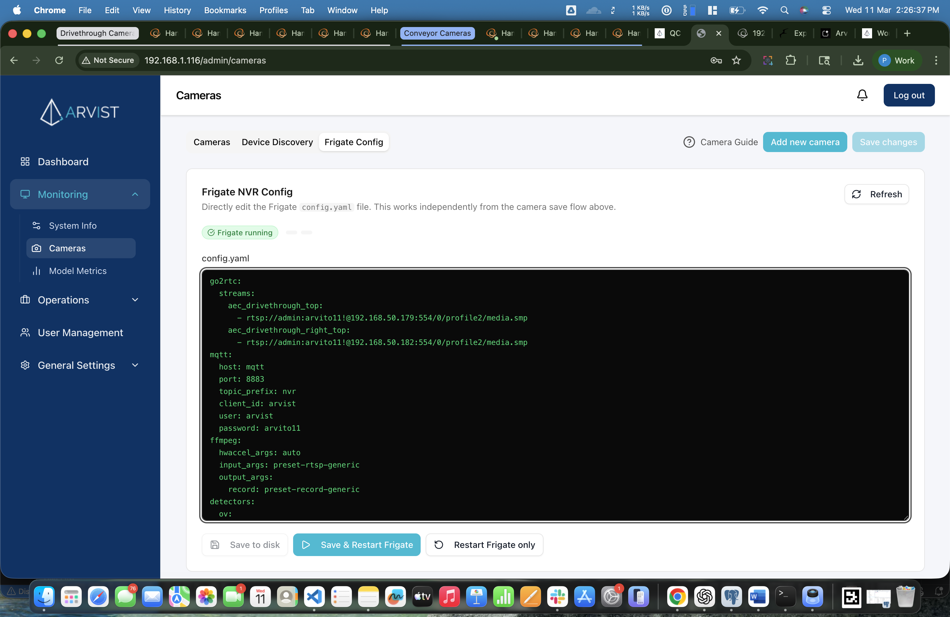Frigate Config tab showing the YAML editor with camera configuration entries visible