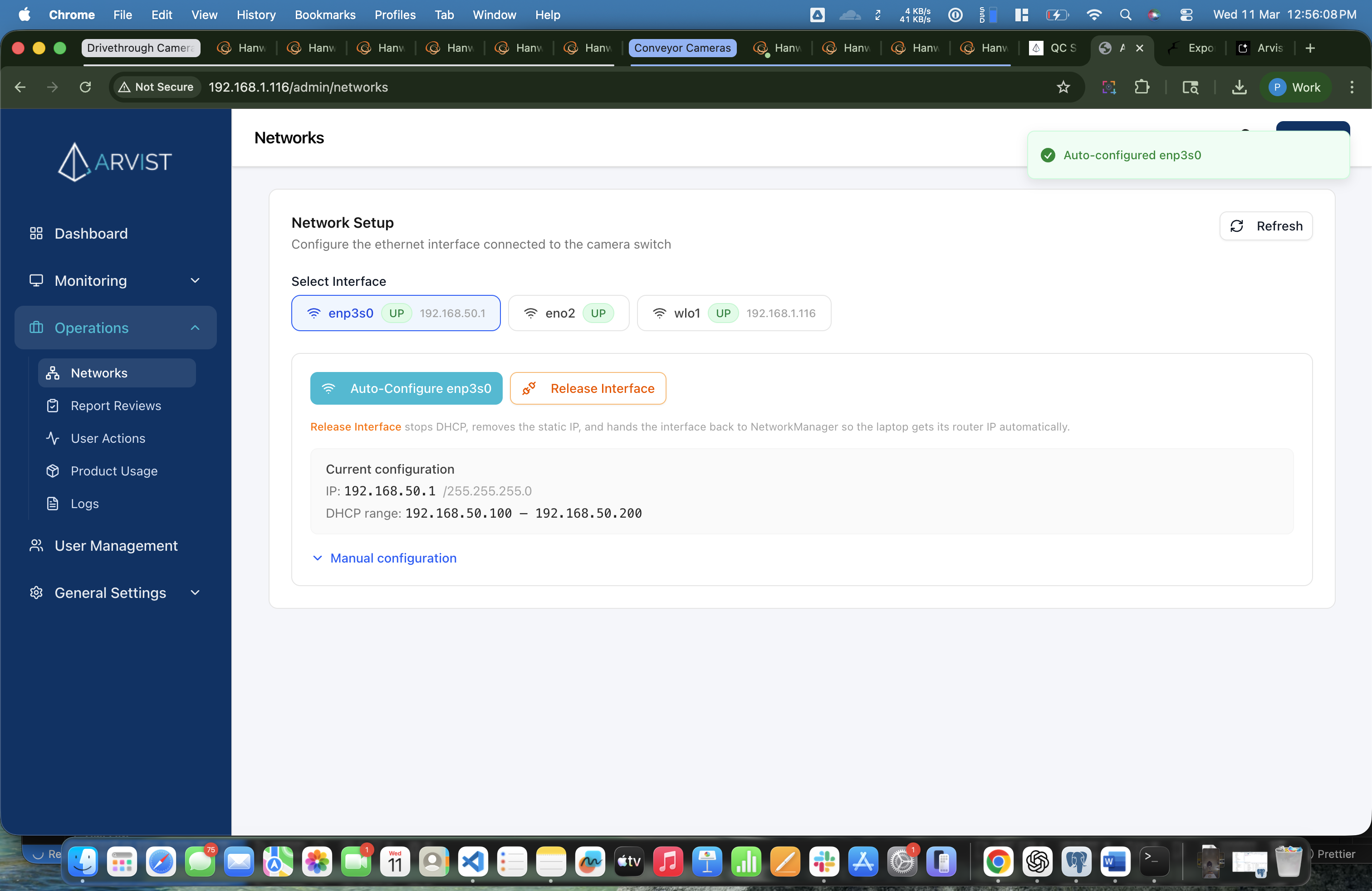 Networks page after auto-configure showing enp3s0 with 192.168.50.1, the success toast, and the Current configuration section with IP, netmask, and DHCP range