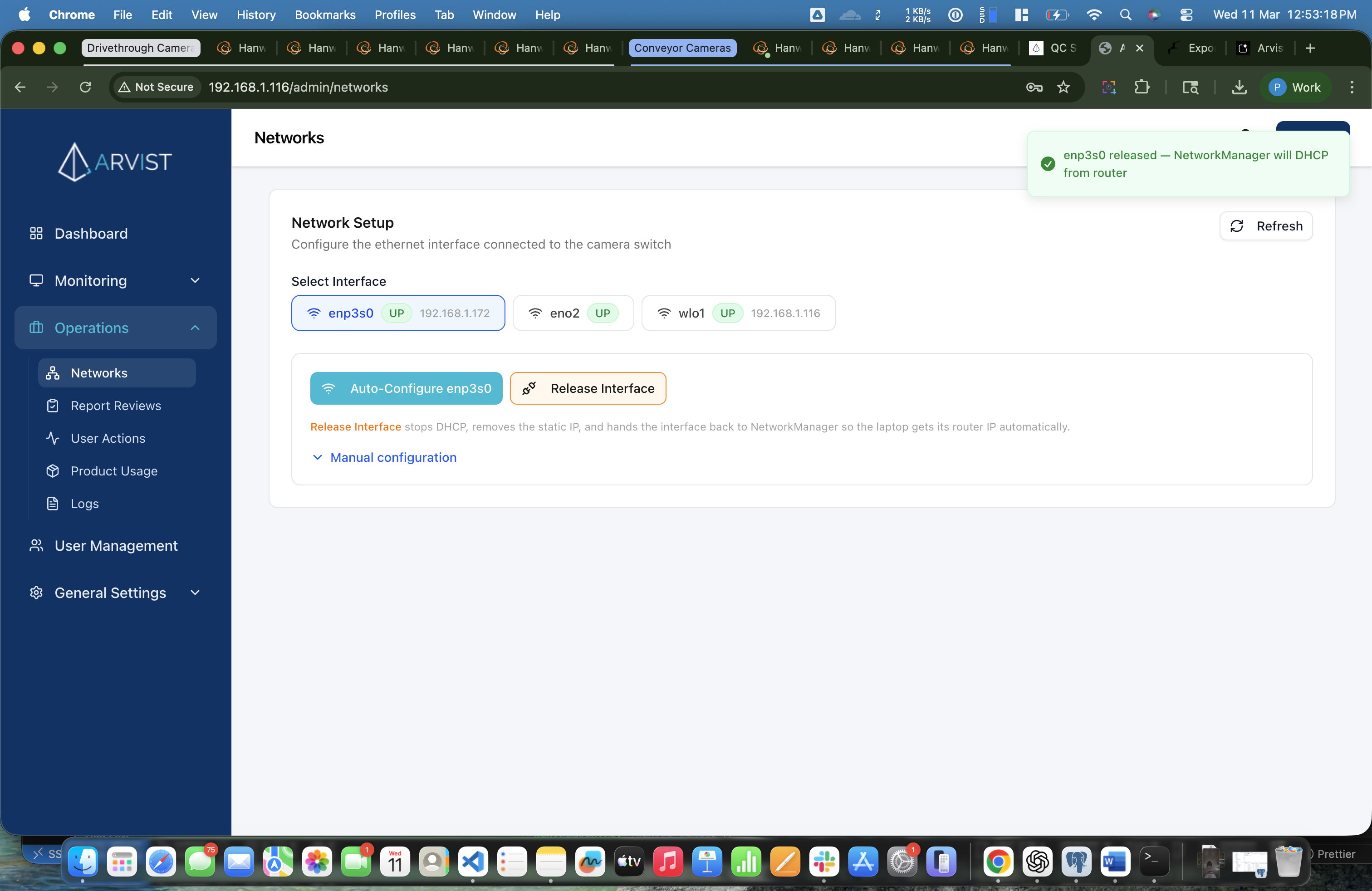 Networks page with enp3s0 selected showing the orange Release Interface button and the existing IP address next to the interface name