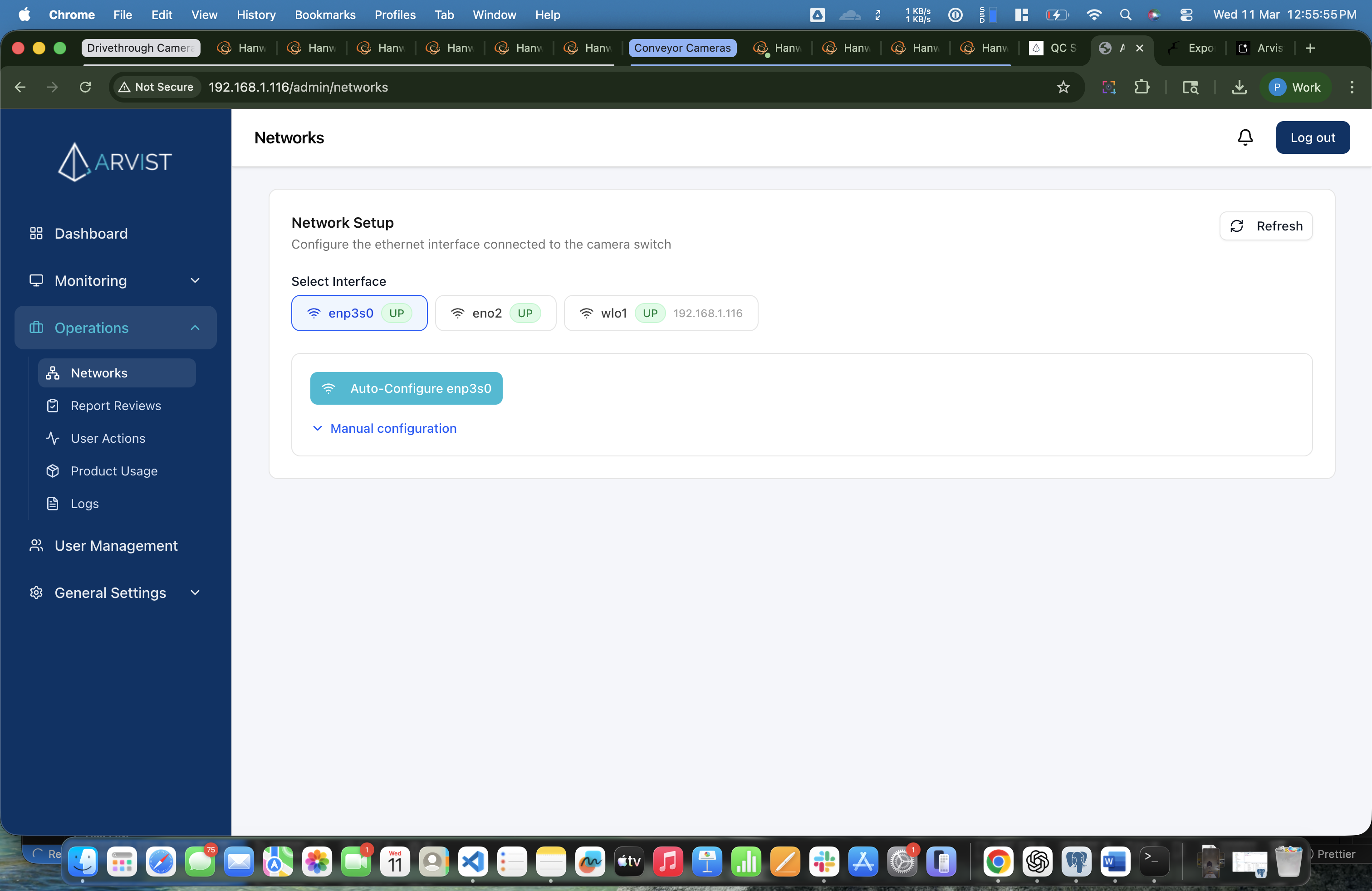 Networks page after releasing — enp3s0 shows UP with no IP, only the Auto-Configure button is visible
