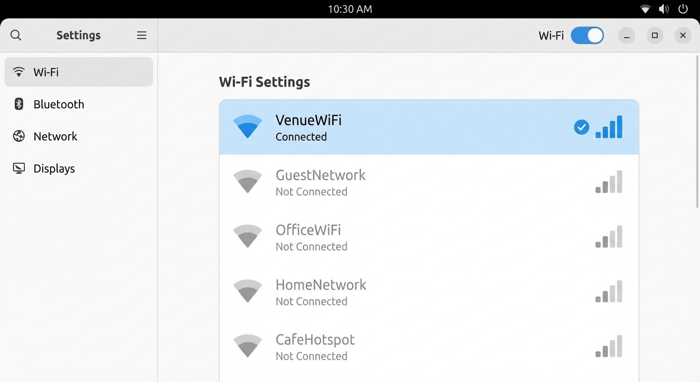 Wi-Fi Settings panel showing VenueWiFi as connected with a blue checkmark and full signal bars, other networks listed below as not connected